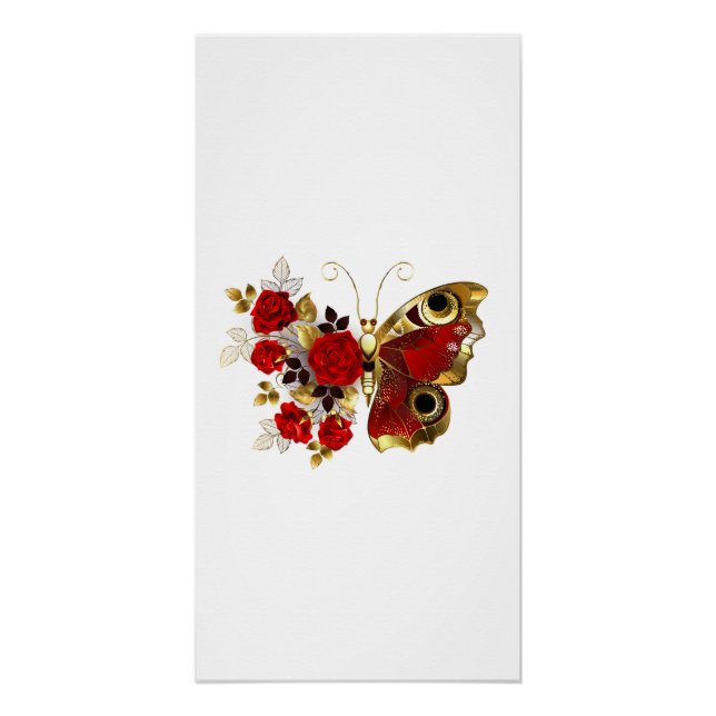 Schmetterling mit roter Blume und rote Rosen Poster (Vorderseite)