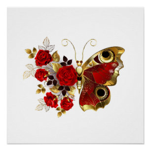 Schmetterling mit roter Blume und rote Rosen Poster