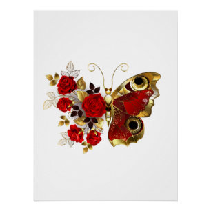 Schmetterling mit roter Blume und rote Rosen Poster