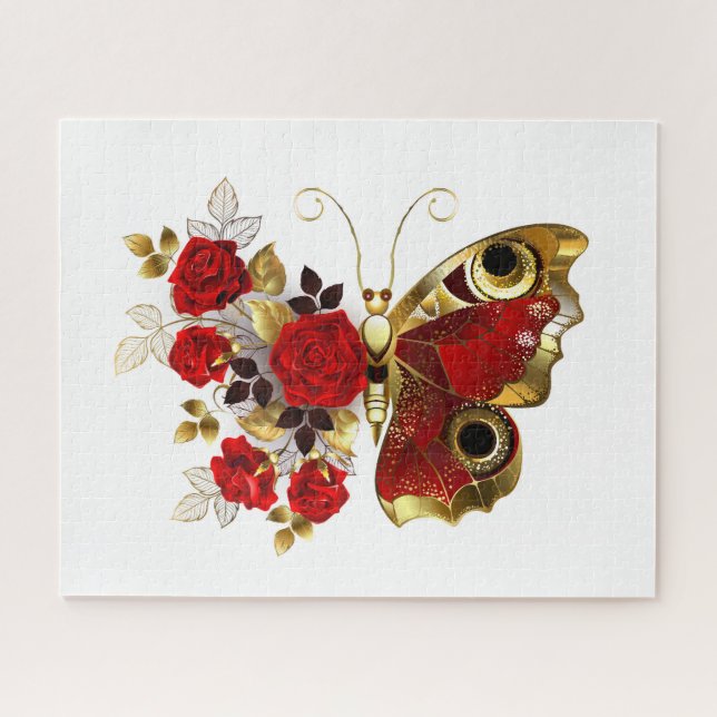 Schmetterling mit roter Blume und rote Rosen Puzzle (Horizontal)