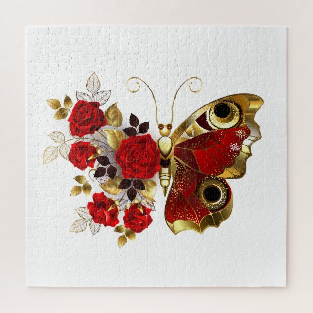 Schmetterling mit roter Blume und rote Rosen Puzzle (Vertikal)