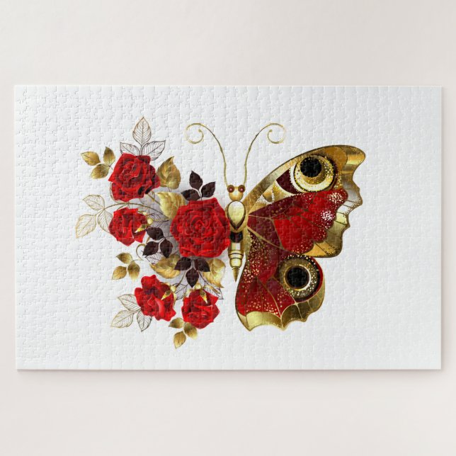 Schmetterling mit roter Blume und rote Rosen Puzzle (Horizontal)