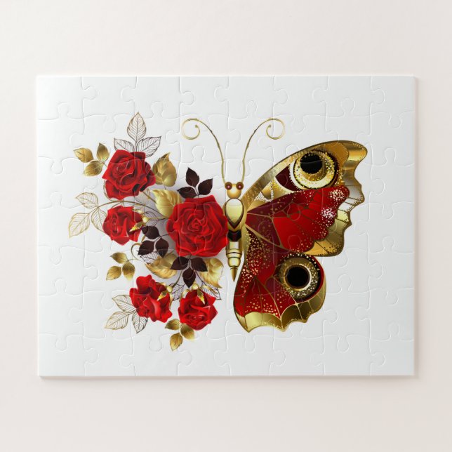 Schmetterling mit roter Blume und rote Rosen Puzzle (Horizontal)