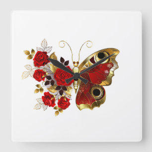 Schmetterling mit roter Blume und rote Rosen Quadratische Wanduhr