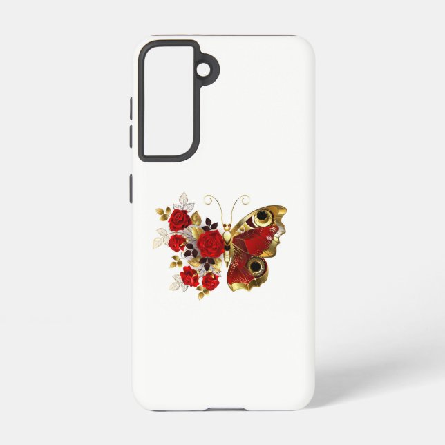 Schmetterling mit roter Blume und rote Rosen Samsung Galaxy Hülle (Rückseite)