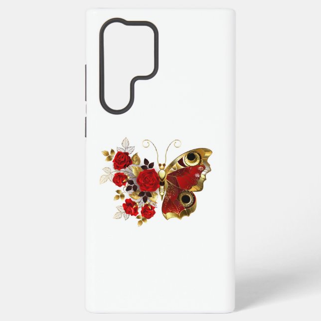 Schmetterling mit roter Blume und rote Rosen Samsung Galaxy Hülle (Rückseite)
