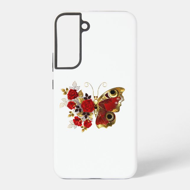 Schmetterling mit roter Blume und rote Rosen Samsung Galaxy Hülle (Rückseite)