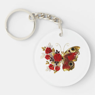 Schmetterling mit roter Blume und rote Rosen Schlüsselanhänger