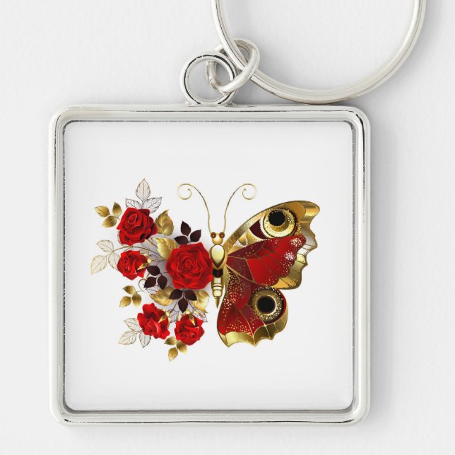 Schmetterling mit roter Blume und rote Rosen Schlüsselanhänger (Vorne)