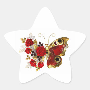 Schmetterling mit roter Blume und rote Rosen Stern-Aufkleber