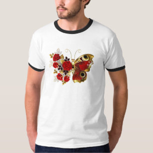 Schmetterling mit roter Blume und rote Rosen T-Shirt