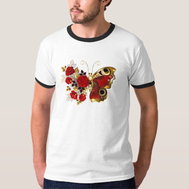 Schmetterling mit roter Blume und rote Rosen T-Shirt (Vorderseite)