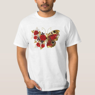 Schmetterling mit roter Blume und rote Rosen T-Shirt