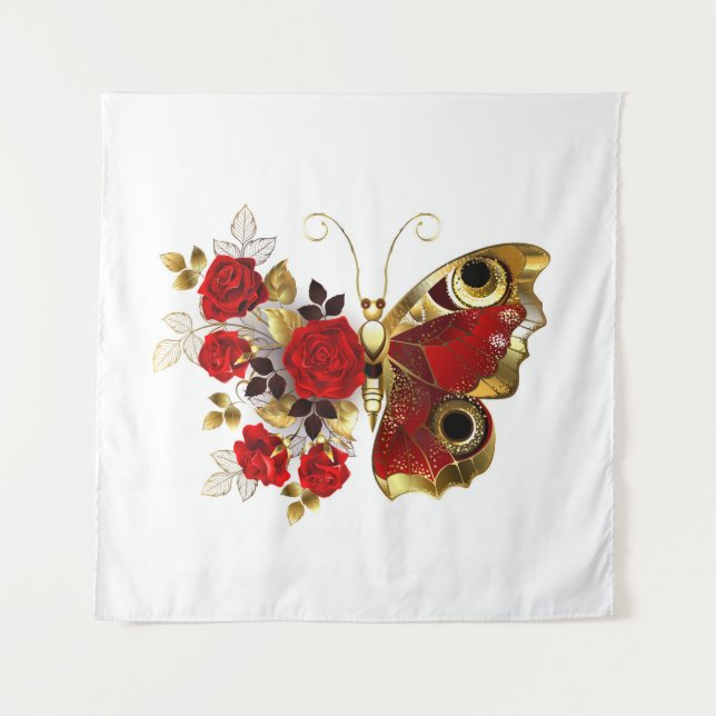 Schmetterling mit roter Blume und rote Rosen Wandteppich (Vorderseite)