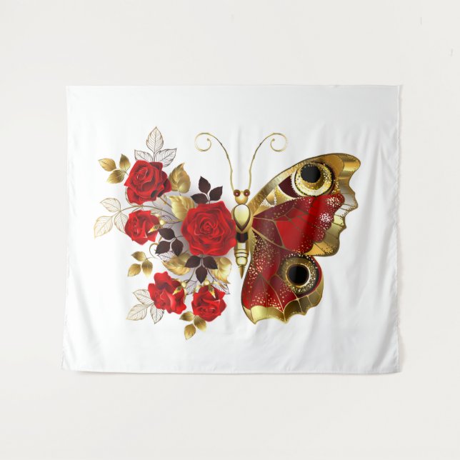 Schmetterling mit roter Blume und rote Rosen Wandteppich (Vorderseite (Horizontal))