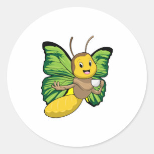Schmetterling mit Tasse Kaffee Runder Aufkleber