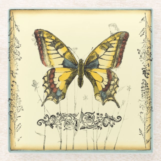 Schmetterling mit Wildblumen Glasuntersetzer (Vorderseite)