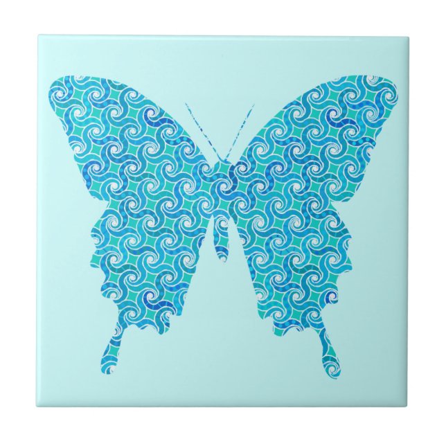Schmetterling, Muster in blau, türkis, weiß Fliese (Vorderseite)