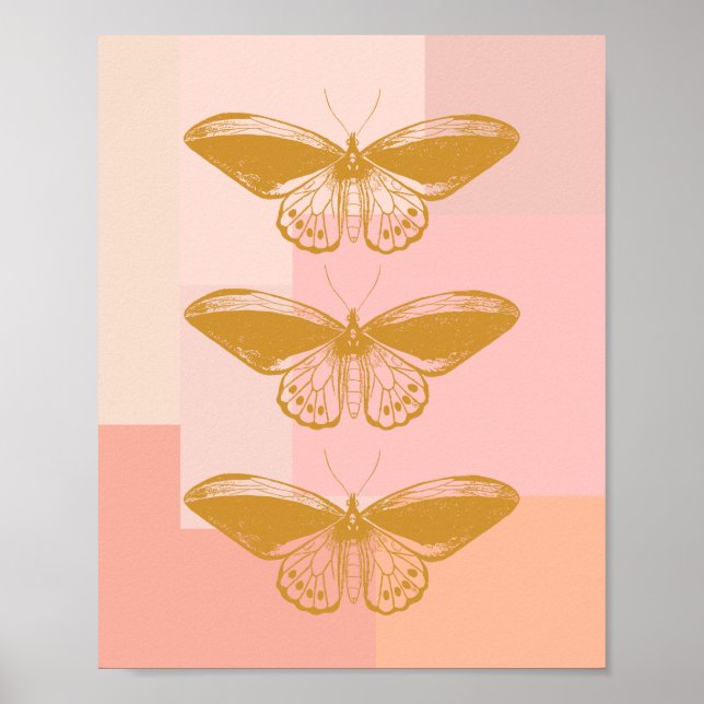 Schmetterling-Natur-Illustration in Rosa und Gold Poster (Vorne)
