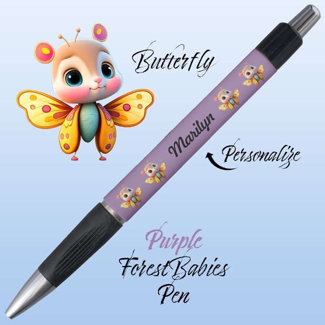 Schmetterling, Niedlicher Whimsical Girl Character Kugelschreiber (Cute Whimsical Confident Girl Butterfly Cartoon Graphic, Purple Personalizable ForestBabies Pen 🦋)
