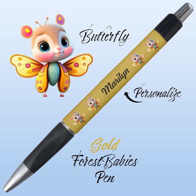 Schmetterling, Niedlicher Whimsical Girl Character Kugelschreiber (Cute Whimsical Confident Girl Butterfly Cartoon Graphic, Gold Personalizable ForestBabies Pen 🦋)