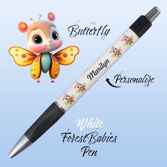 Schmetterling, Niedliches, weißes, weißes, weißes  Kugelschreiber (Cute Whimsical Confident Girl Butterfly Cartoon Graphic, White Personalizable ForestBabies Pen 🦋)