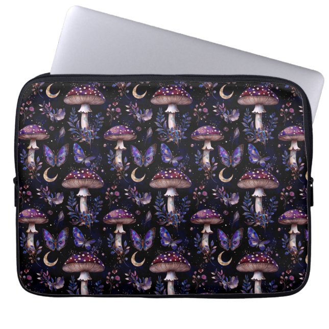 Schmetterling-Pilz-Blumen-Dunkles Whimsical-Muster Laptopschutzhülle (Vorderseite)