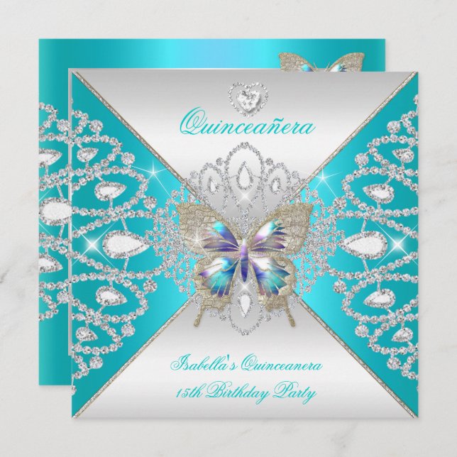 Schmetterling Quinceanera 15. Aquamariner Silberli Einladung (Vorne/Hinten)
