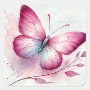 Schmetterling Rosa Botanischer Aquarell Quadratischer Aufkleber