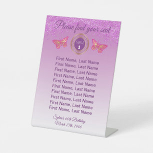 Schmetterling & Rosa Glitter-Tischnummernschild  Sockelschild