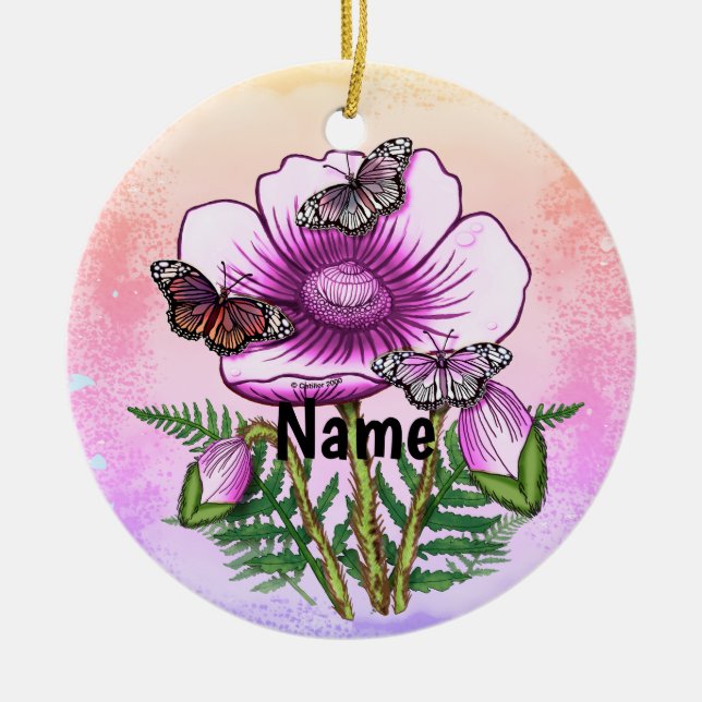 Schmetterling Rosa Klatschmohn  Keramik Ornament (Vorne)