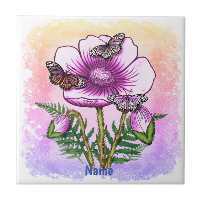 Schmetterling Rosa Mohn  Fliese (Vorderseite)