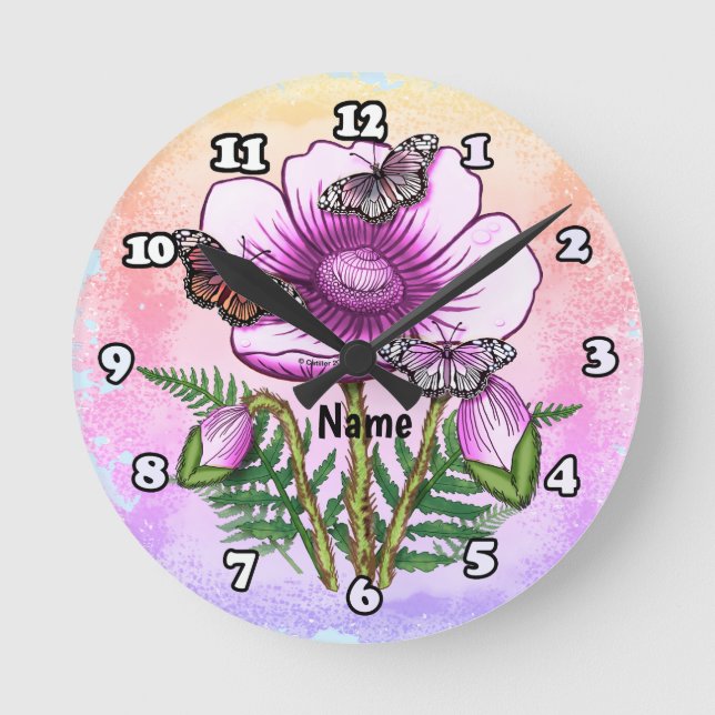 Schmetterling Rosa Mohn  Runde Wanduhr (Vorderseite)