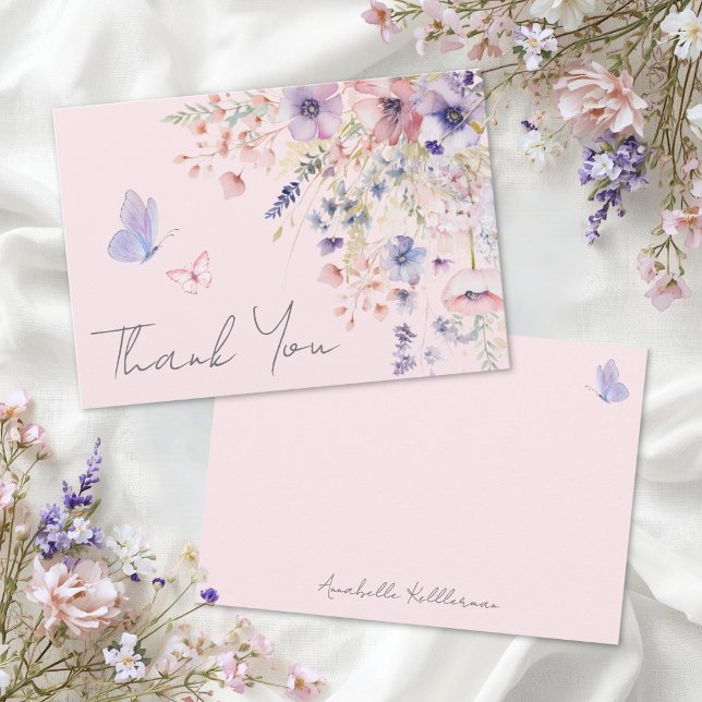 Schmetterling Rosé Wilde Blume Dankeskarte (Butterfly Blush Pink Wildflower Thank You Card )