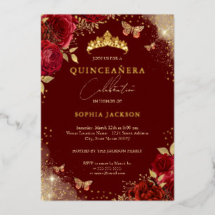 Schmetterling rote Rosen Gold Tiara Quinceanera  Folieneinladung
