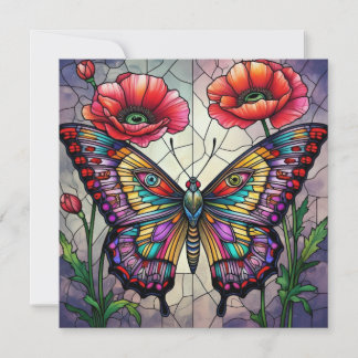 Schmetterling & Roter Mohn Buntglas Insekten Kunst Karte
