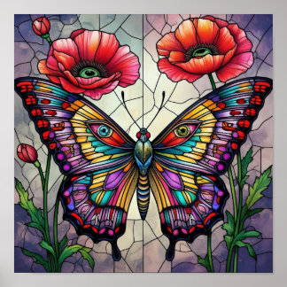 Schmetterling & Roter Mohn Buntglas Insekten Kunst Poster