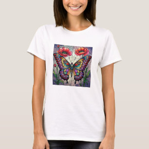 Schmetterling & Roter Mohn Buntglas Insekten Kunst T-Shirt