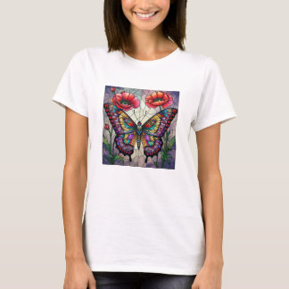 Schmetterling & Roter Mohn Buntglas Insekten Kunst T-Shirt