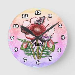 Schmetterling Roter Mohn Runde Wanduhr