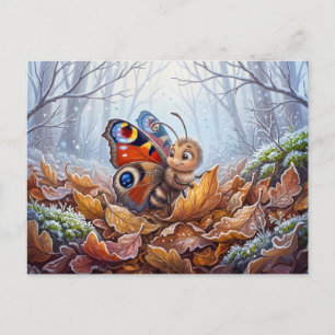 Schmetterling ruht in Herbstlaub bei erster Kälte Postkarte