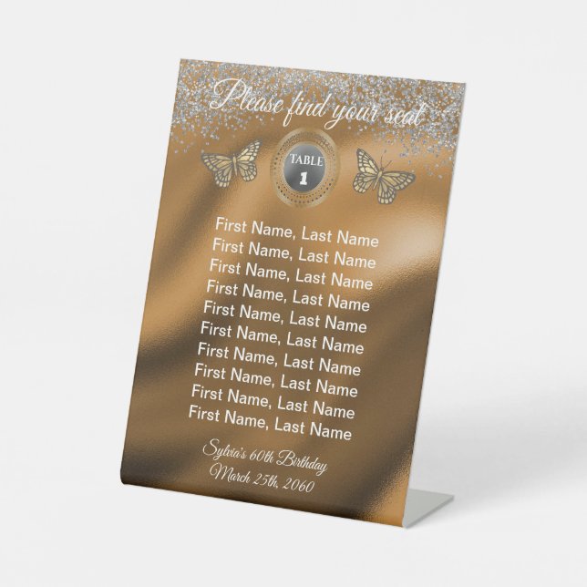 Schmetterling & Silberner Glitzer Foil Tischnummer Sockelschild (Vorderseite)