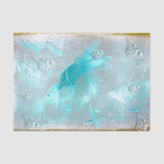 Schmetterling Sonnenblume Aquamarin Silber Vintage Seidenpapier (Vorderseite)