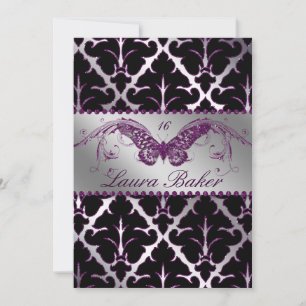 Schmetterling Sweet 16 Einladung Damast Lila Glanz