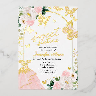 Schmetterling Sweet Sixteen Blush Blumenkleid Gold Folieneinladung