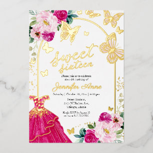 Schmetterling Sweet Sixteen Hot Pink Kleid Gold Folieneinladung