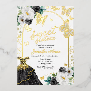 Schmetterling Sweet Sixteen schwarzes Kleid Goldfo Folieneinladung