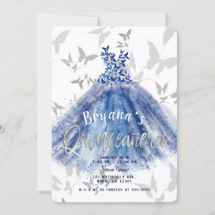 Schmetterling Tanz Blaues Kleid Silber Quinceañera Einladung