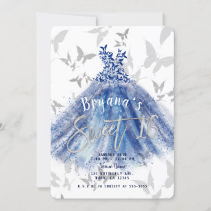 Schmetterling Tanz Blaues Kleid Silber Sweet 16 Einladung