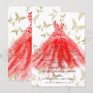 Schmetterling Tanz Rotes Kleid Gold Sweet 16 Party Einladung
